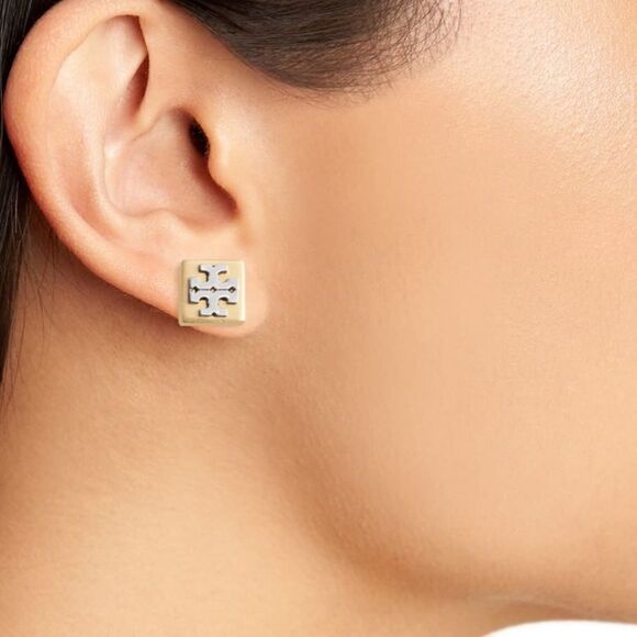 TORY BURCH COLOR BLOCK TWO TONE STUD EARRINGS - Picture 3 of 6
